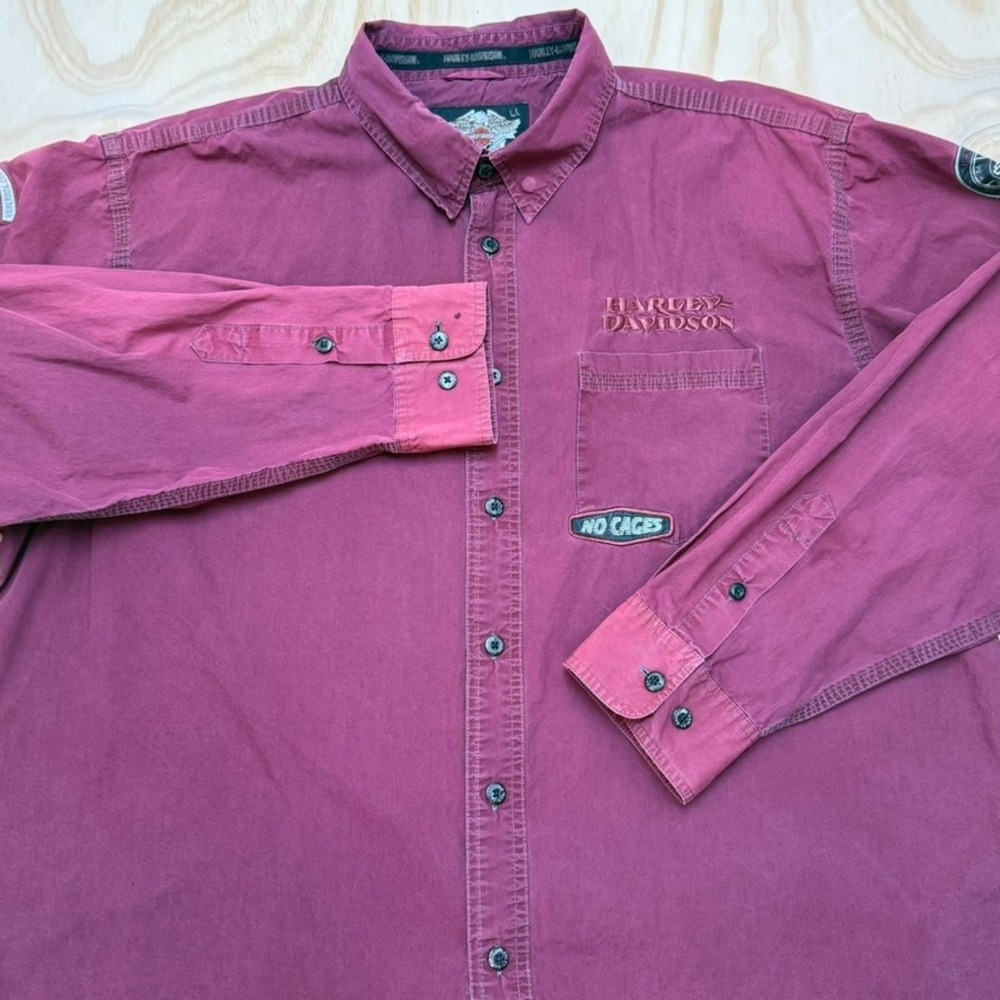 Harley Davidson Mens XXL Long Sleeve Button Down Shirt Burgundy No Cages Patches - Picture 2 of 11